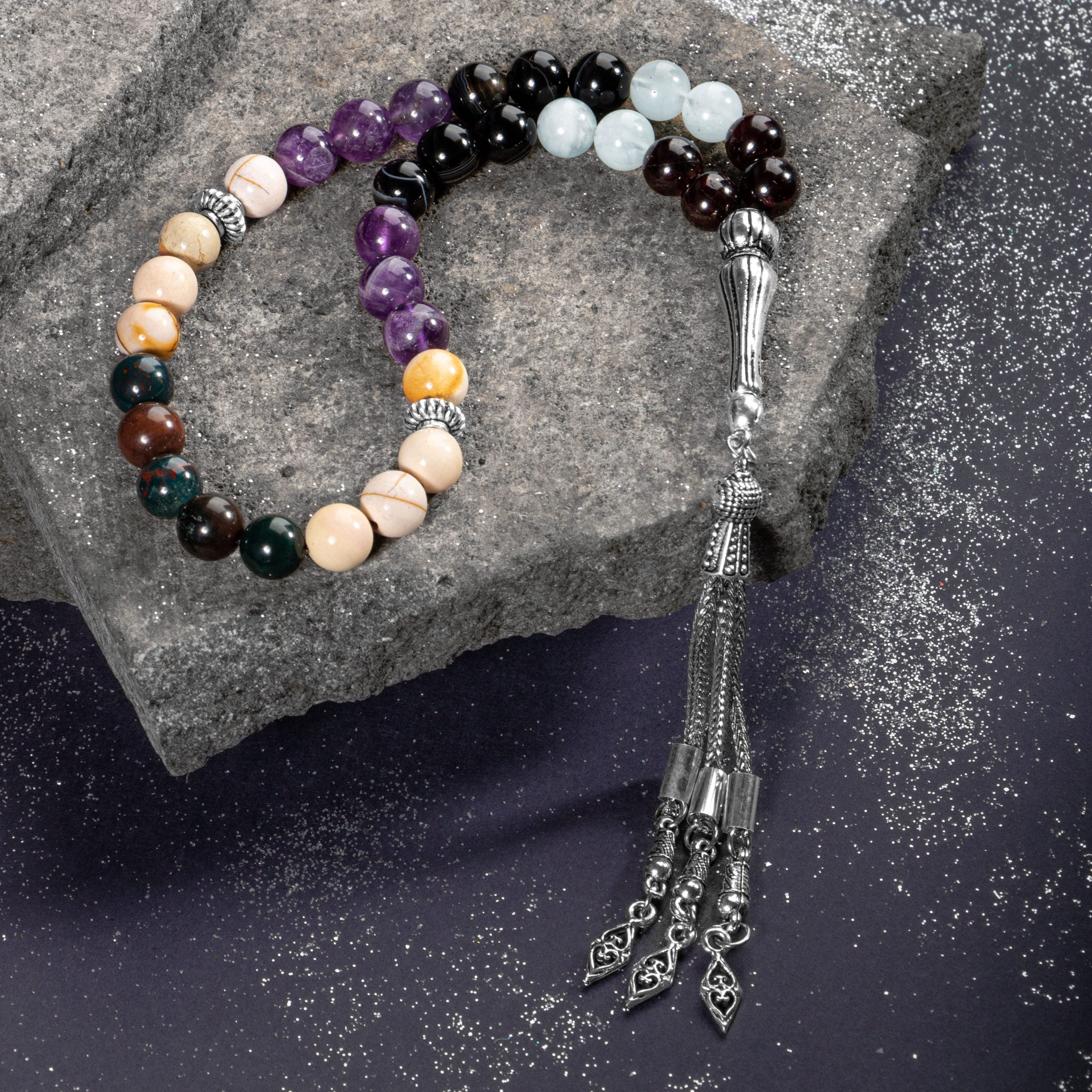 Aries Zodiac Prayer Beads – Aquamarine, Amethyst, Burgundy Garnet, Bloodstone, Yellow Jasper & Black Eye Agate Natural Gemstone