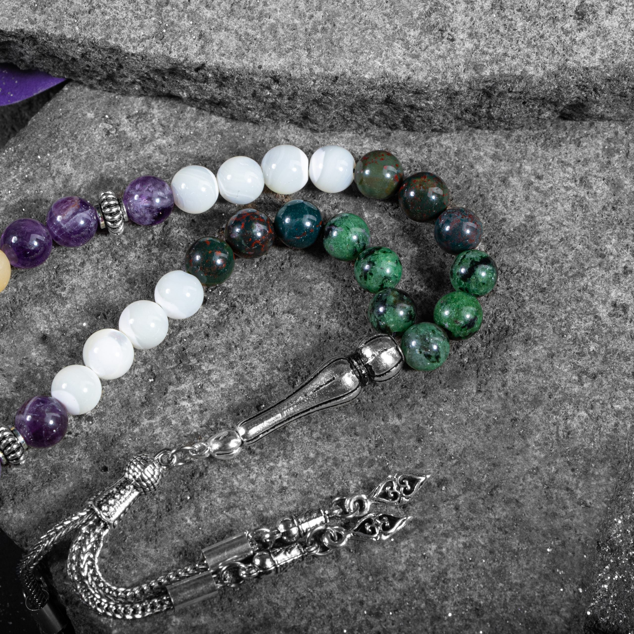 Cancer Zodiac Prayer Beads – Amethyst, Anyolite, Aragonite, Bloodstone & Mother of Pearl Natural Gemstone