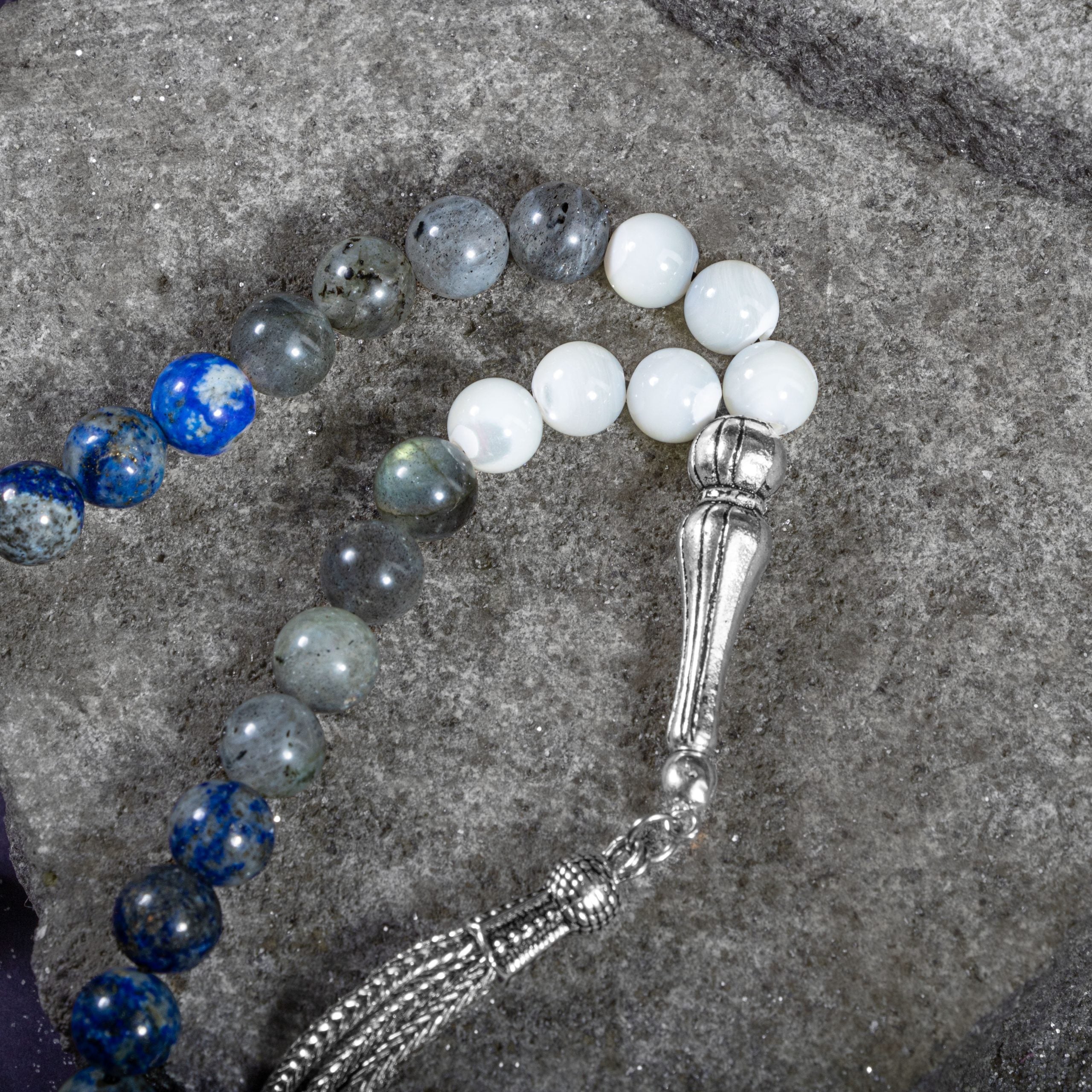 Sagittarius Zodiac Prayer Beads – Amethyst, Calcite, Labradorite, Lapis Lazuli & Mother of Pearl Natural Gemstone