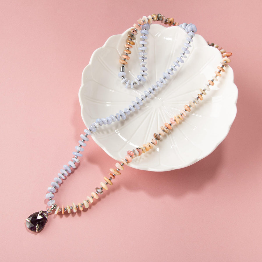 Laboratory Certified Pink Opal, Blue Agate, Hematite & Amethyst Natural Stone Necklace – Special Design