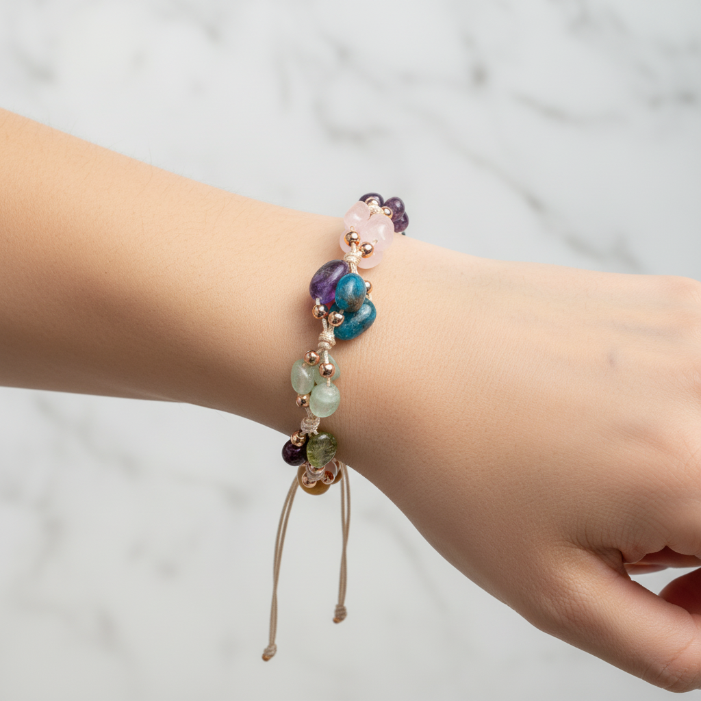 Virgo Zodiac Natural Stone Macramé Bracelet – Amethyst, Burgundy Garnet (Lal), Jasper, Blue Apatite, Rose Quartz, Green Aventurine, Peridot