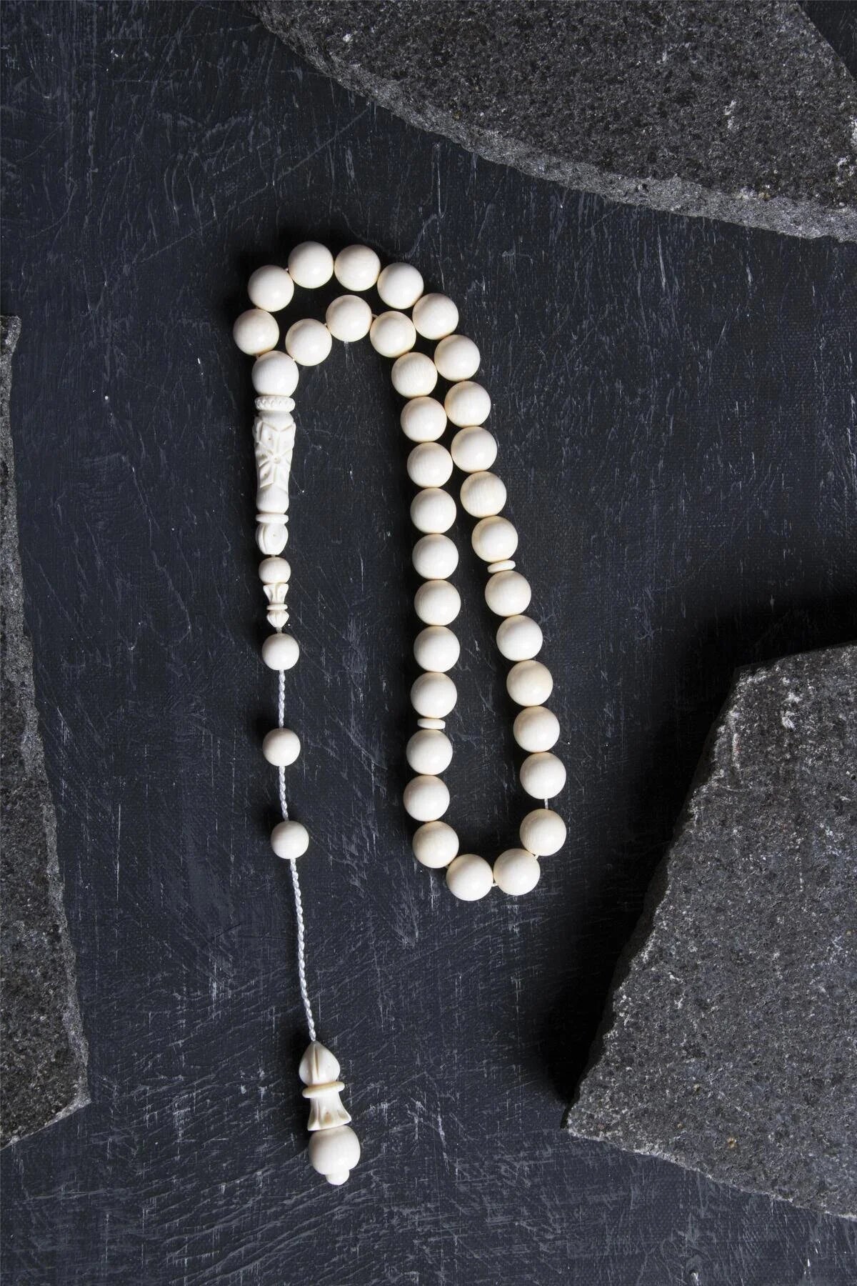 Laboratory Certified Ivory Tone Natural Stone Prayer Beads – 33 Beads, 9 mm