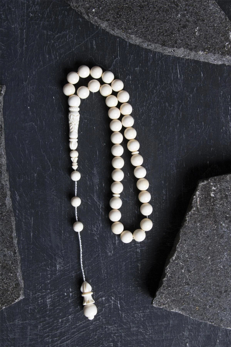 Laboratory Certified Ivory Tone Natural Stone Prayer Beads – 33 Beads, 9 mm