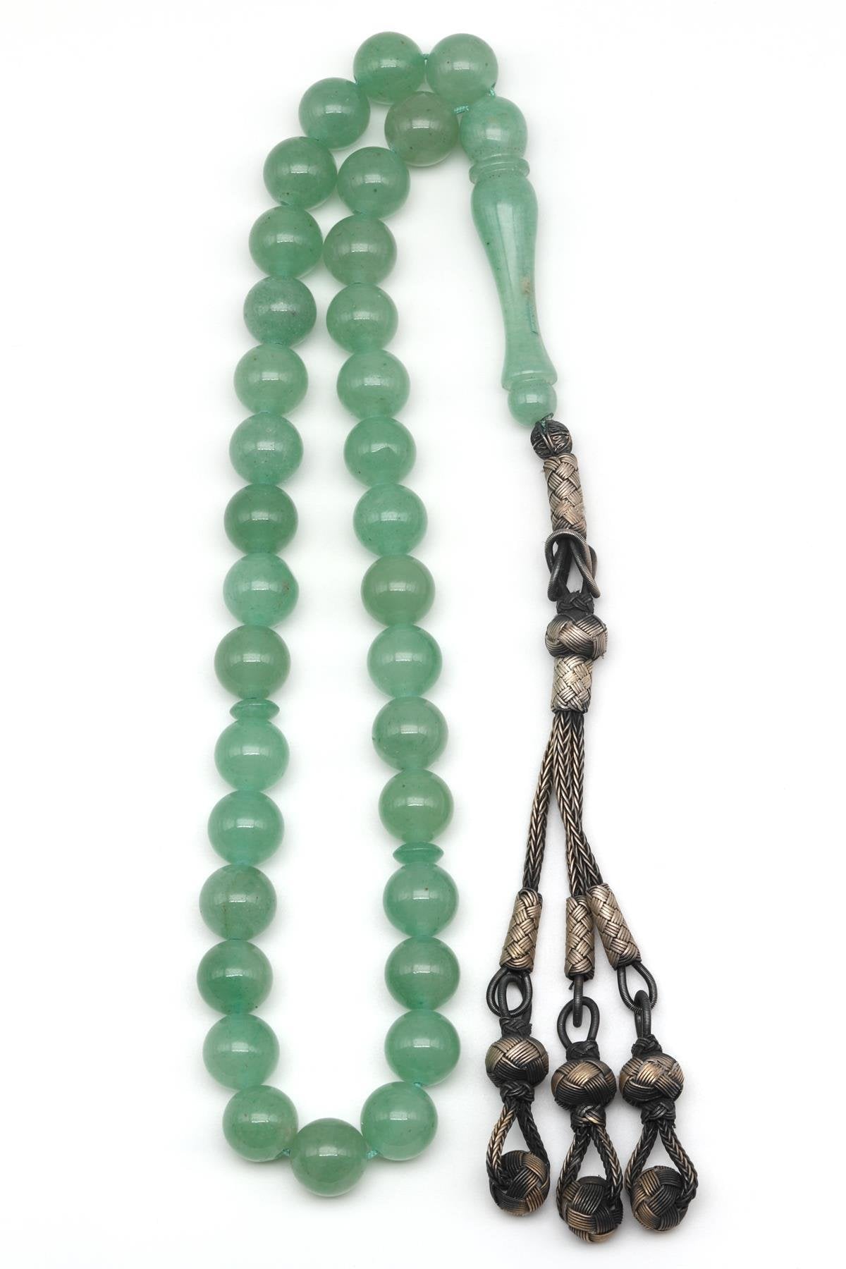 1000 Sterling Silver Hand-Woven Hand-Braided Silver Tasselled Aventurine Natural Gemstone Round Cut Prayer Beads