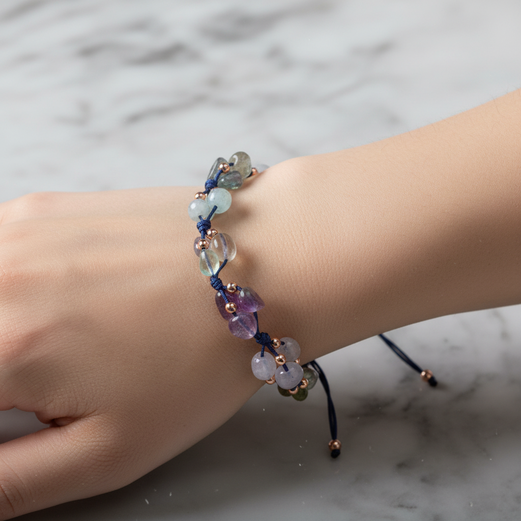 Aquarius Zodiac Natural Stone Macramé Bracelet – Aquamarine, Amethyst, Moonstone, Chalcedony, Labradorite, Purple Fluorite, Jade