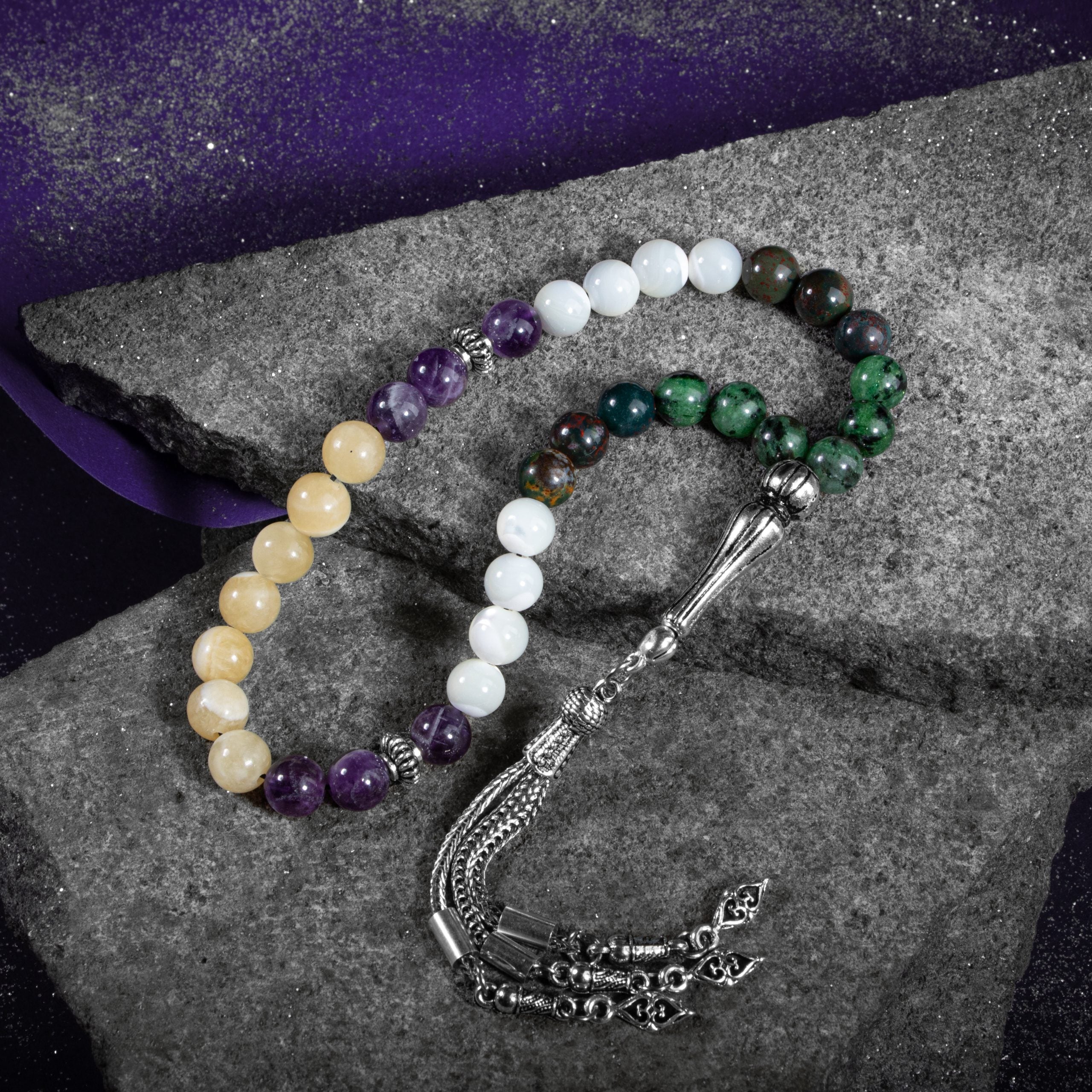 Cancer Zodiac Prayer Beads – Amethyst, Anyolite, Aragonite, Bloodstone & Mother of Pearl Natural Gemstone