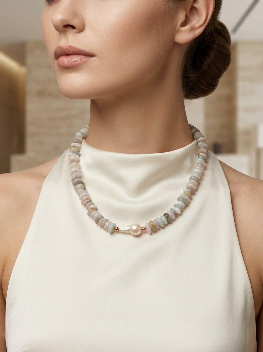 Laboratory Certified Pearl & Rose Quartz Natural Stone Necklace