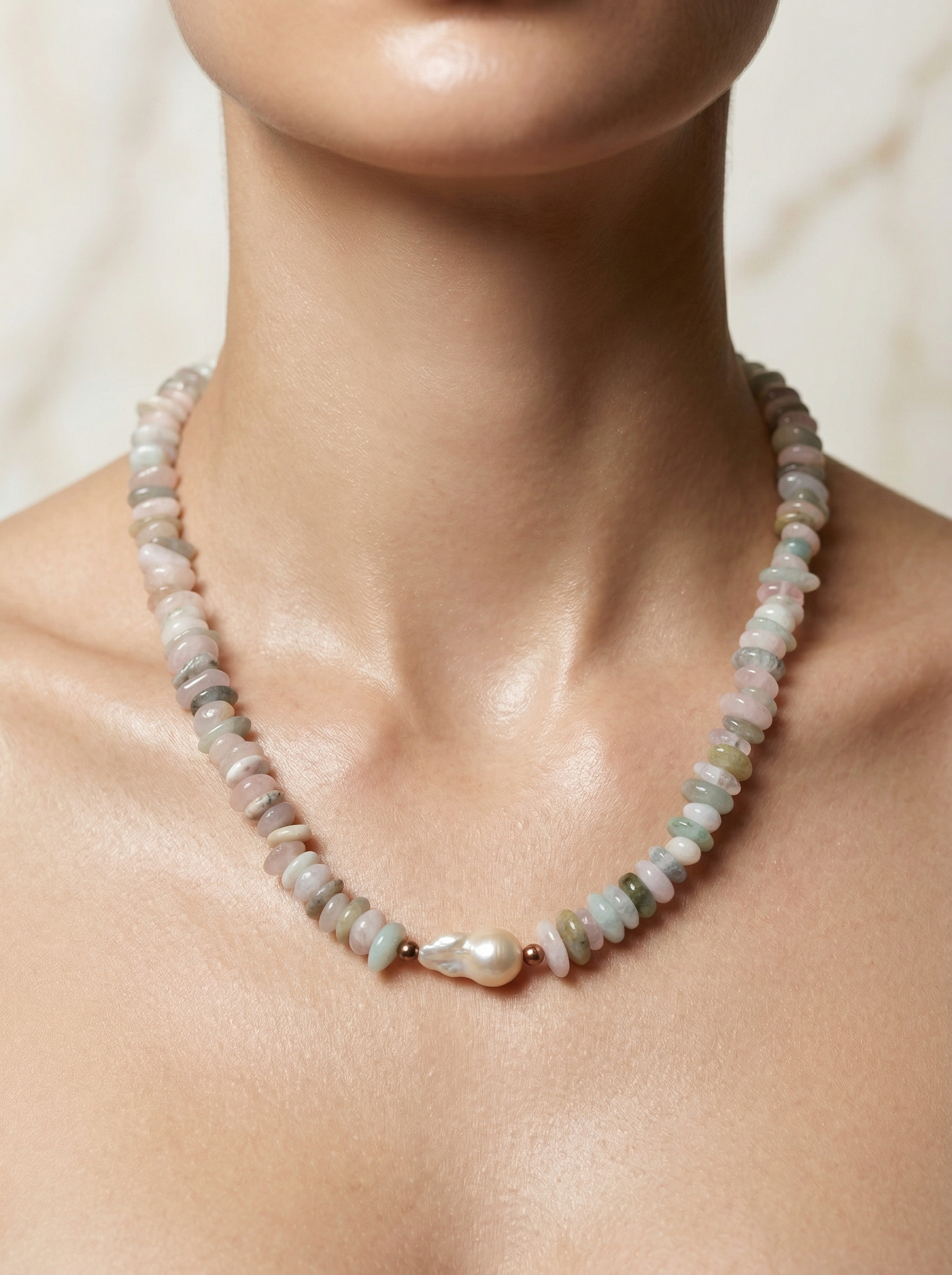 Aquamarine & Pearl Natural Stone Necklace by Zevrina