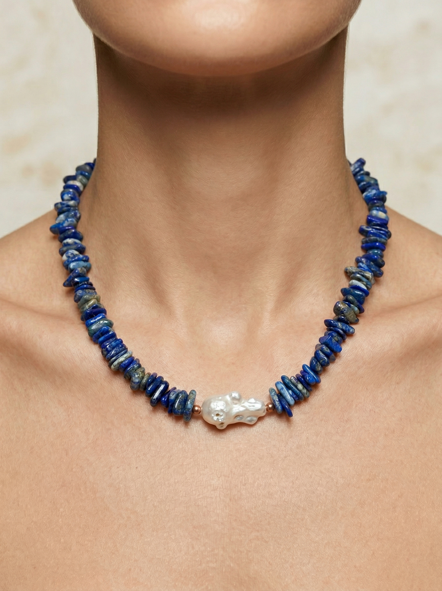 Laboratory Certified Lapis Lazuli & Pearl Natural Stone Necklace
