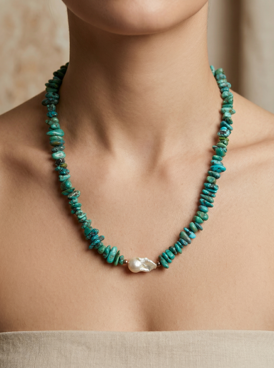 Laboratory Certified Turquoise & Pearl Natural Stone Necklace