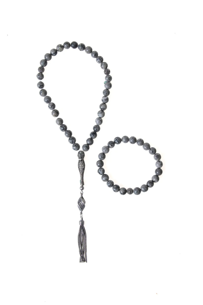 Laboratory Certified Jasper Natural Stone 925 Sterling Silver Prayer Beads & Bracelet Set – 8 mm