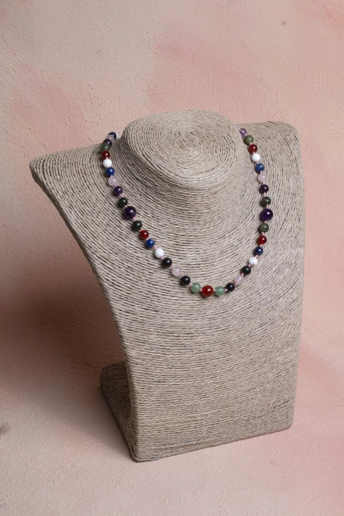 Laboratory Certified Red Agate, Green Aventurine, Lapis Lazuli, Rose Quartz, Amethyst, Howlite, Jade & Shungite Natural Stone Necklace