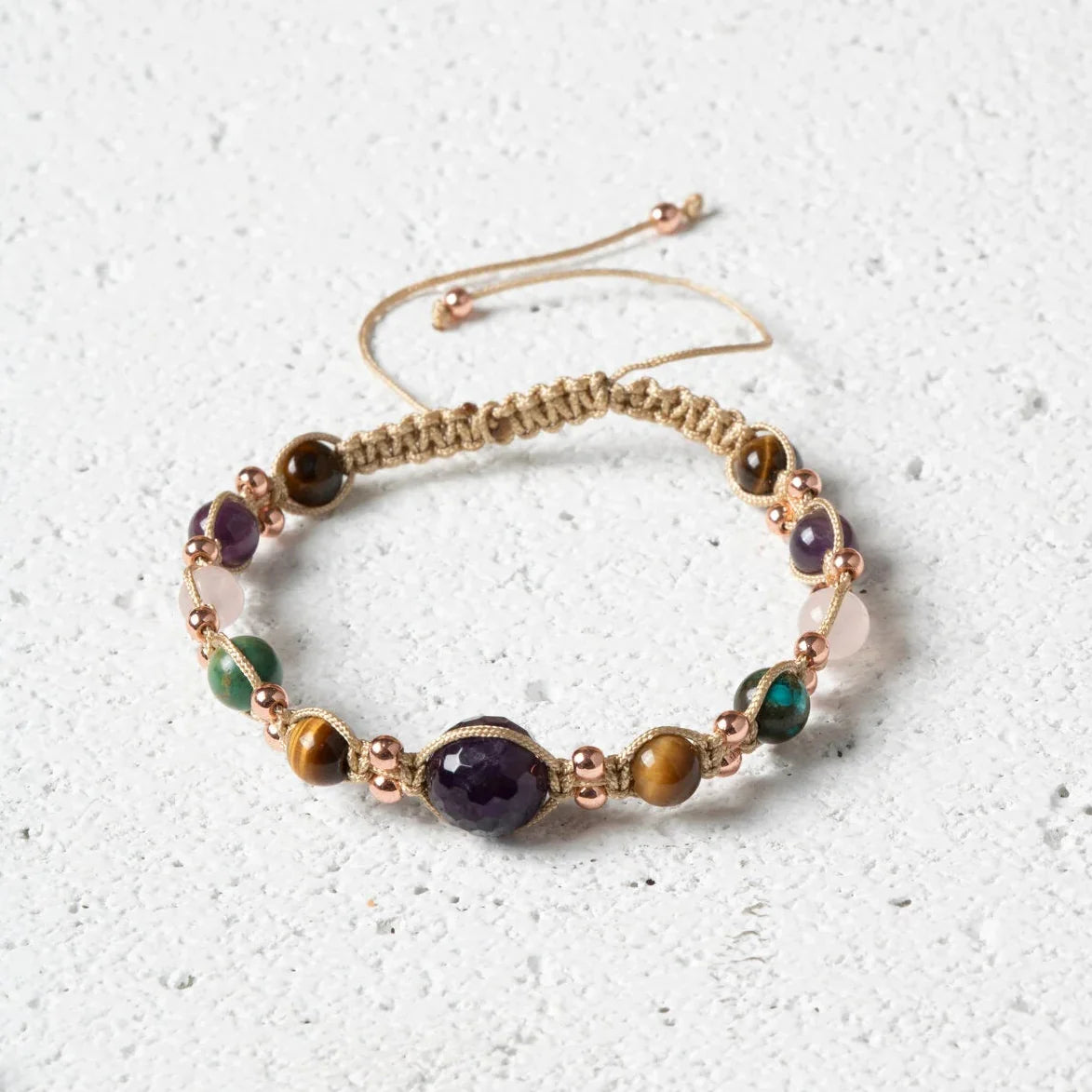 Laboratory Certified Amethyst, Tiger’s Eye, Rose Quartz & Chrysocolla Natural Stone Bracelet
