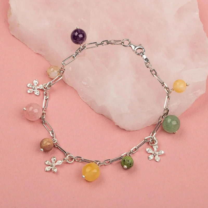 Laboratory Certified Amethyst, Citrine, Rose Quartz, Aventurine, Calcite, Jade & Amber Natural Stone Silver Bracelet