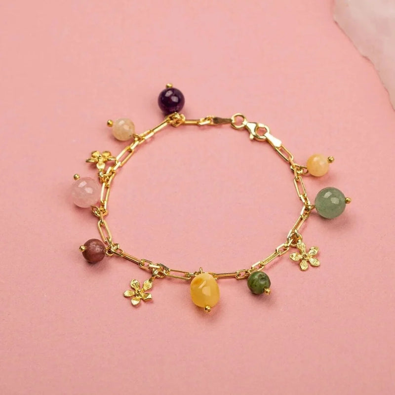 Laboratory Certified Amethyst, Citrine, Rose Quartz, Aventurine, Calcite, Jade & Amber Natural Stone Yellow Silver Bracelet