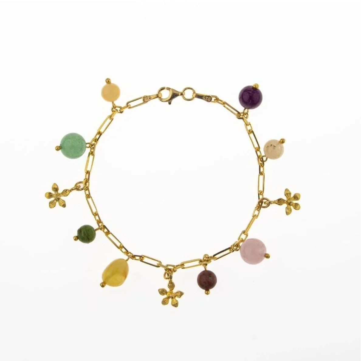 Laboratory Certified Amethyst, Citrine, Rose Quartz, Aventurine, Calcite, Jade & Amber Natural Stone Yellow Silver Bracelet