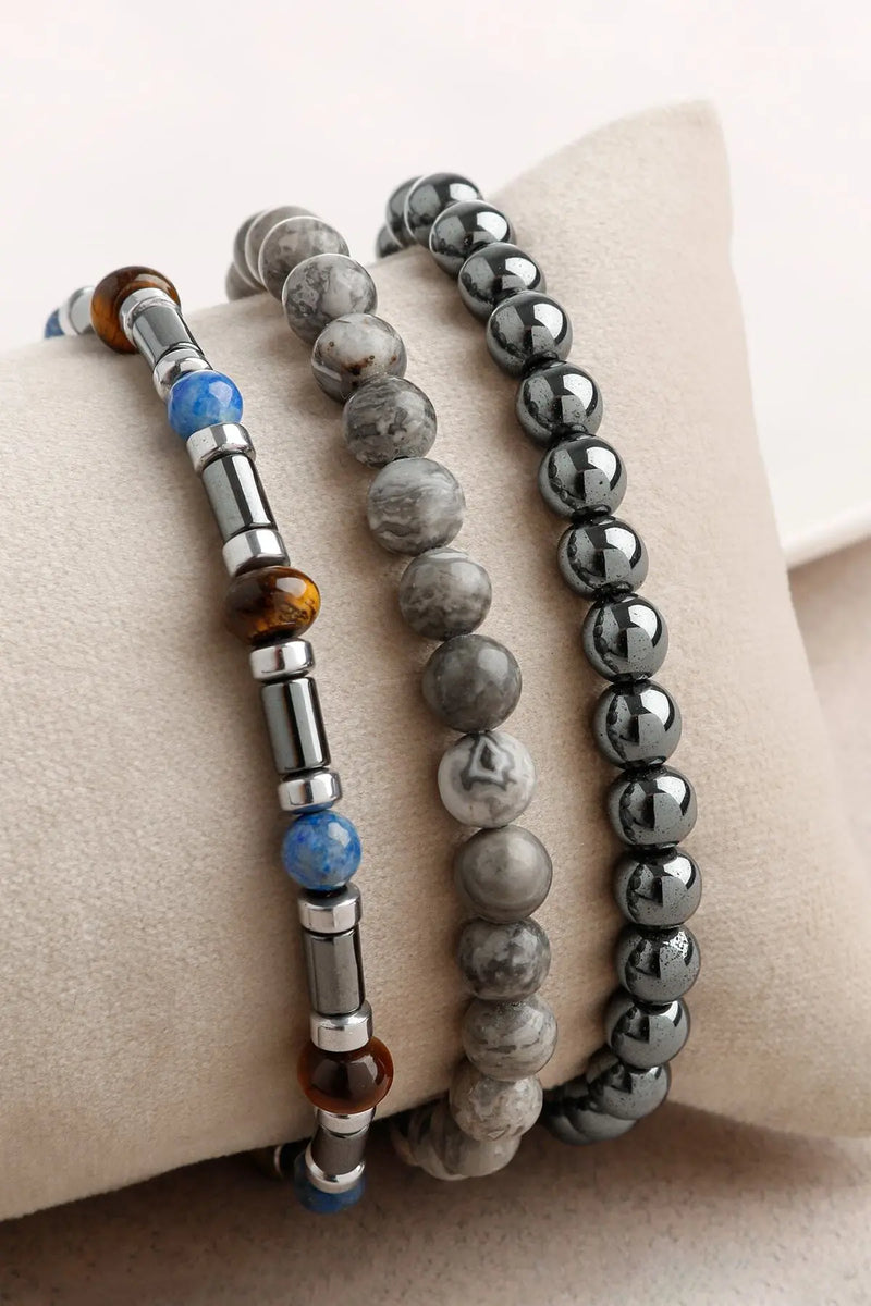 Laboratory Certified Hematite, Grey Jasper & Tiger’s Eye Men’s Natural Stone Bracelet Set