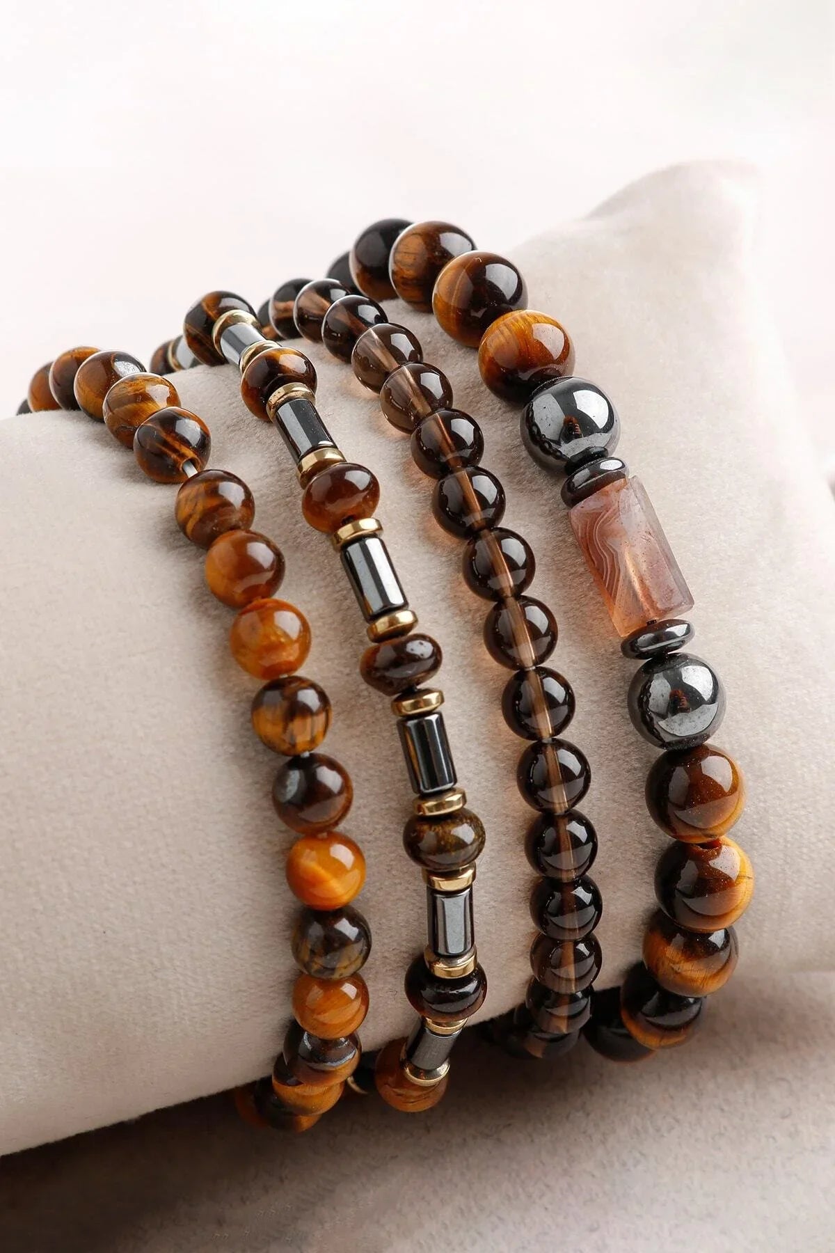 Laboratory Certified Hematite, Tiger’s Eye & Smoky Quartz Natural Stone Bracelet Set