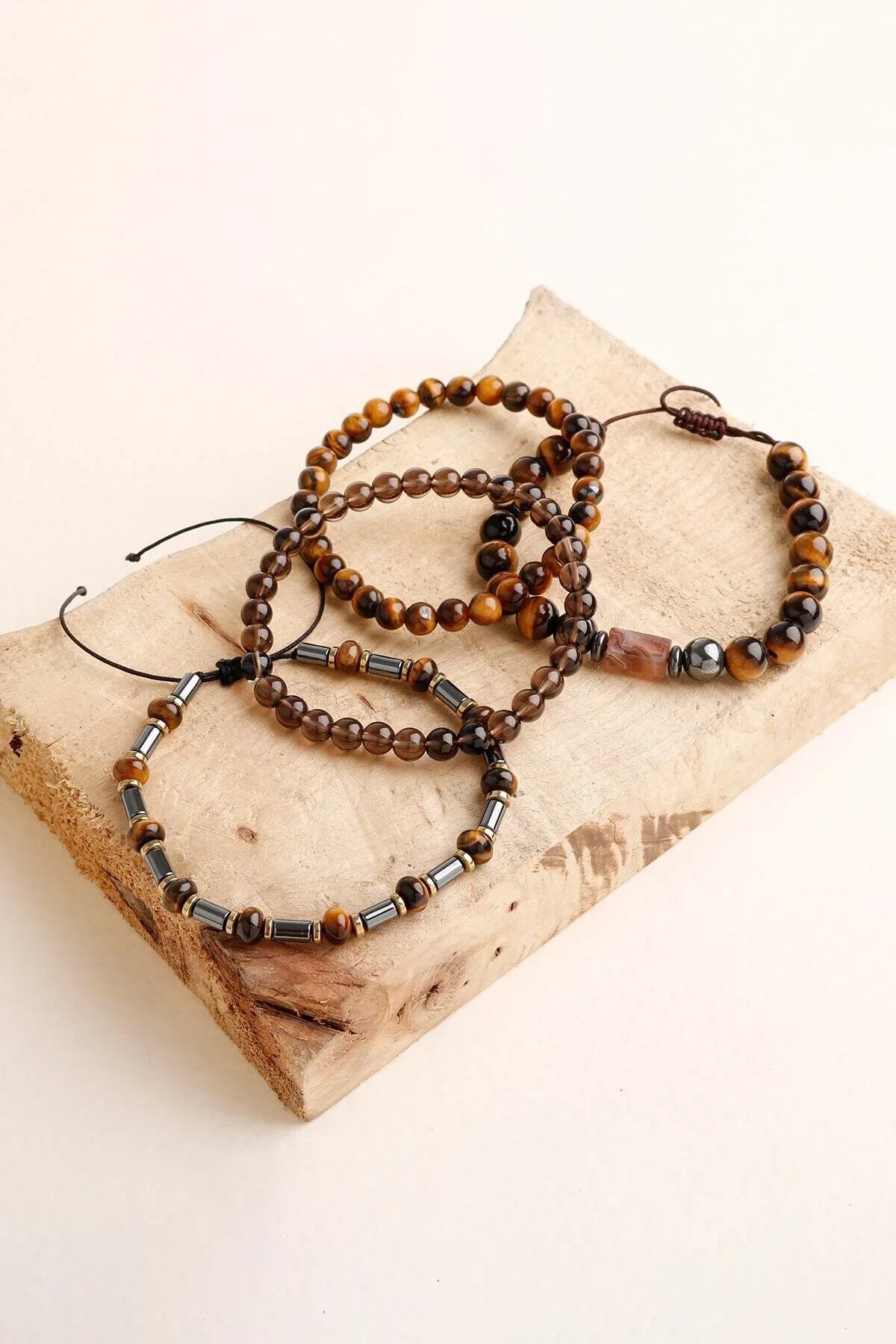 Laboratory Certified Hematite, Tiger’s Eye & Smoky Quartz Natural Stone Bracelet Set