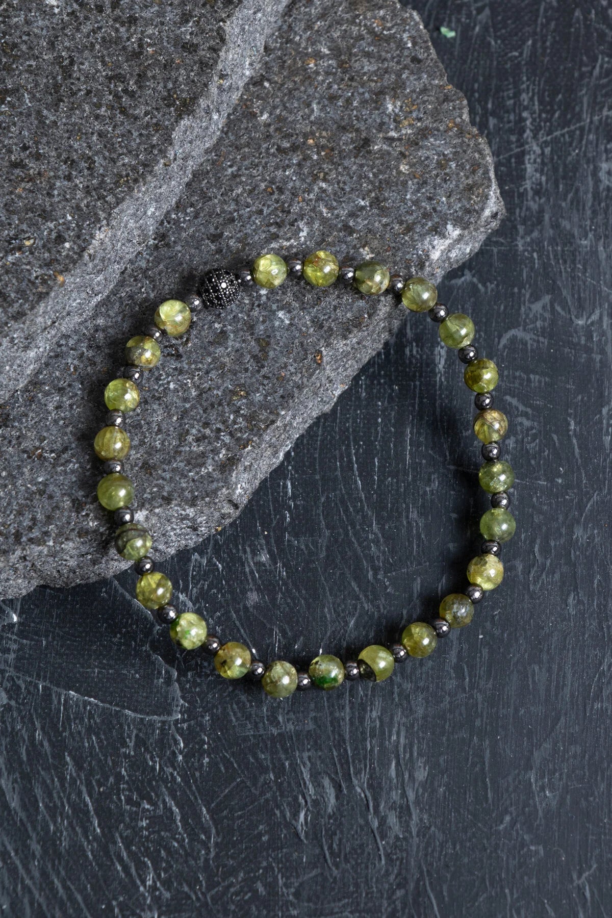 Laboratory Certified Peridot (Zebercet) & Hematite Natural Stone Bracelet with Zircon Accents