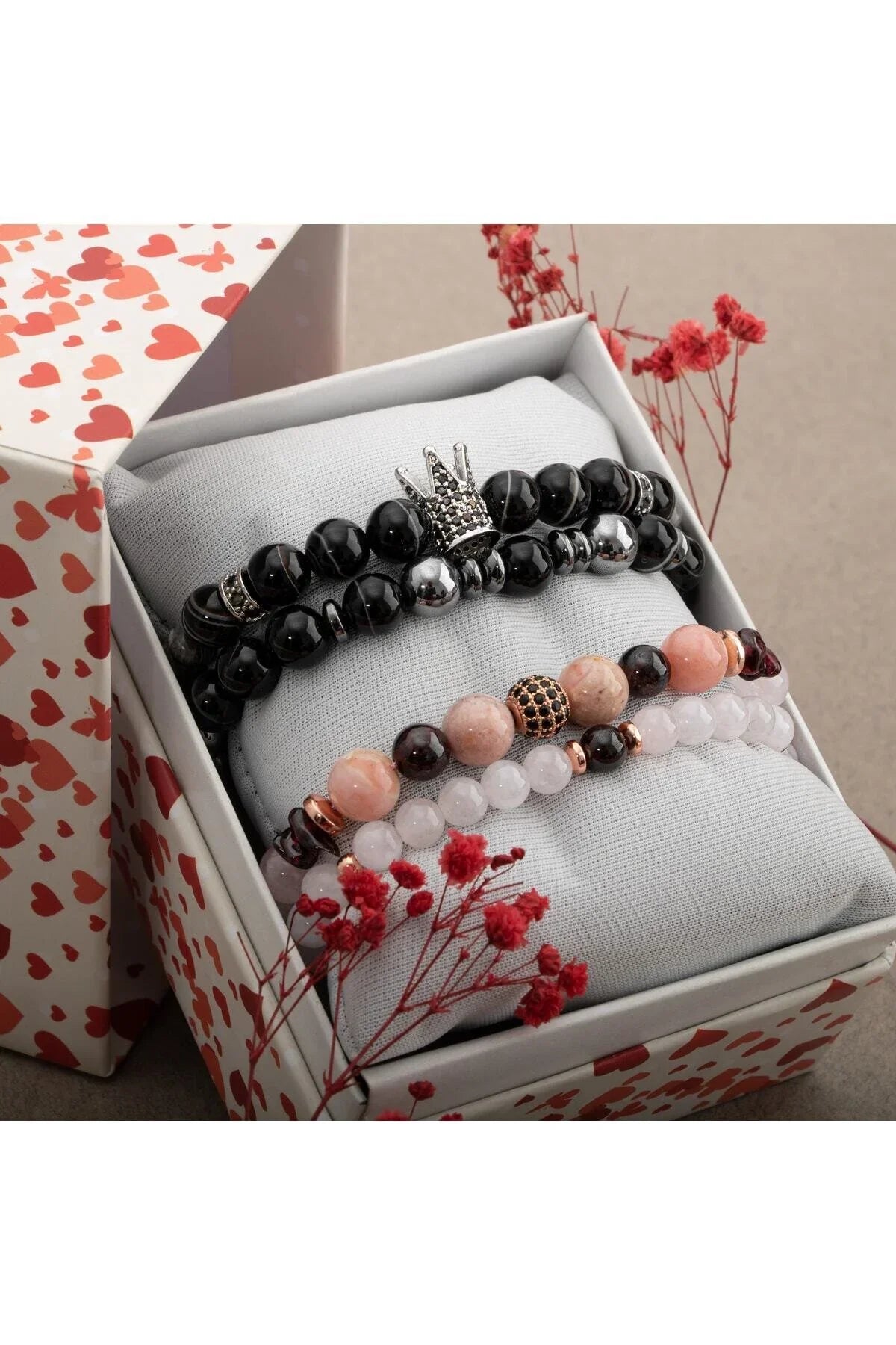 Laboratory Certified Black Eye Agate & Rose Quartz Natural Stone Double Bracelet Set