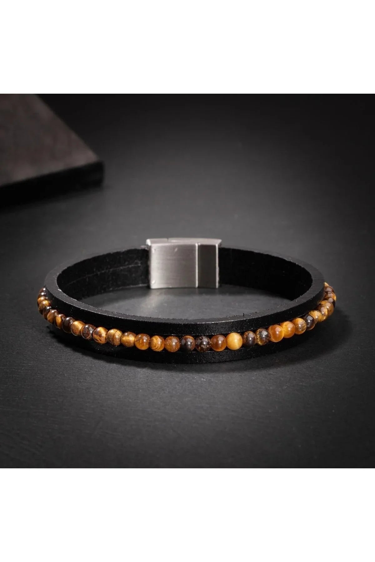 Laboratory Certified Tiger’s Eye Natural Stone Leather Men’s Design Bracelet