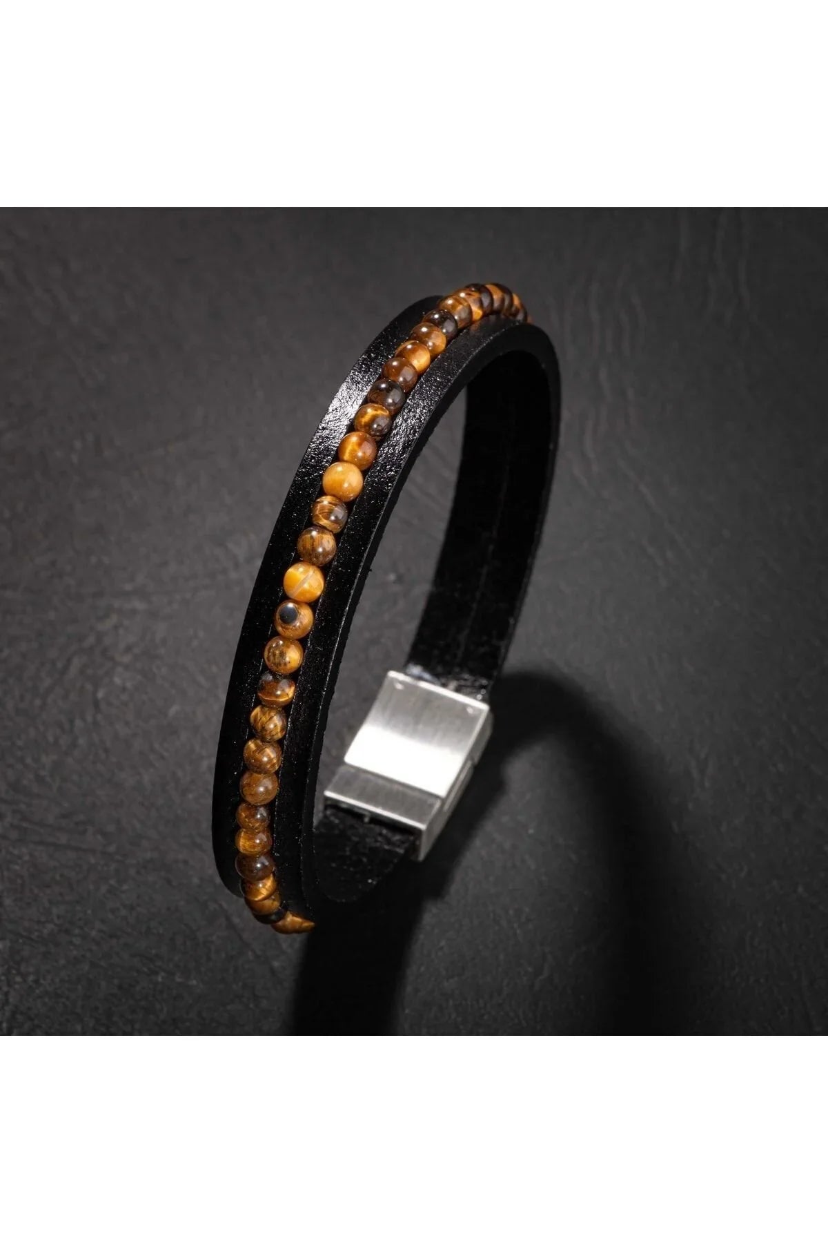 Laboratory Certified Tiger’s Eye Natural Stone Leather Men’s Design Bracelet