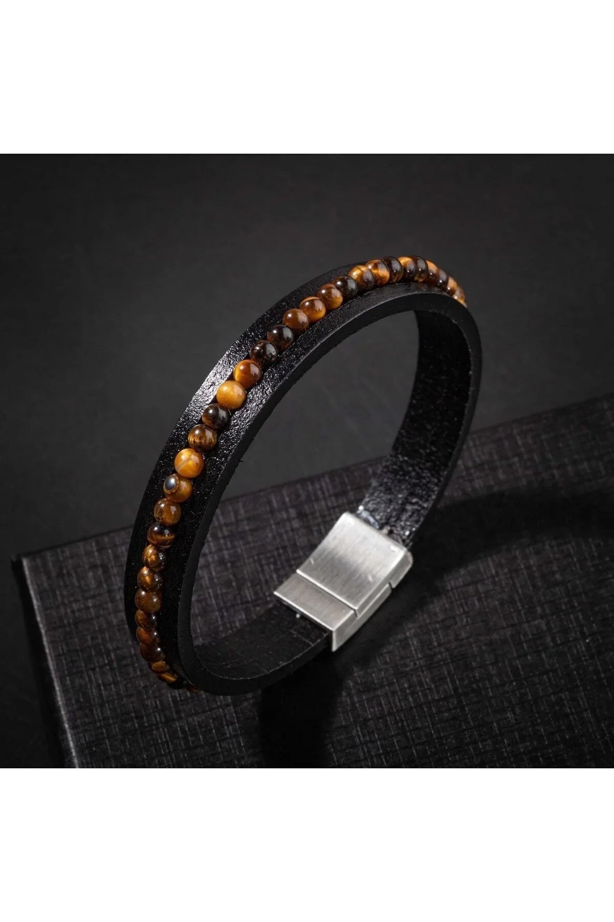 Laboratory Certified Tiger’s Eye Natural Stone Leather Men’s Design Bracelet