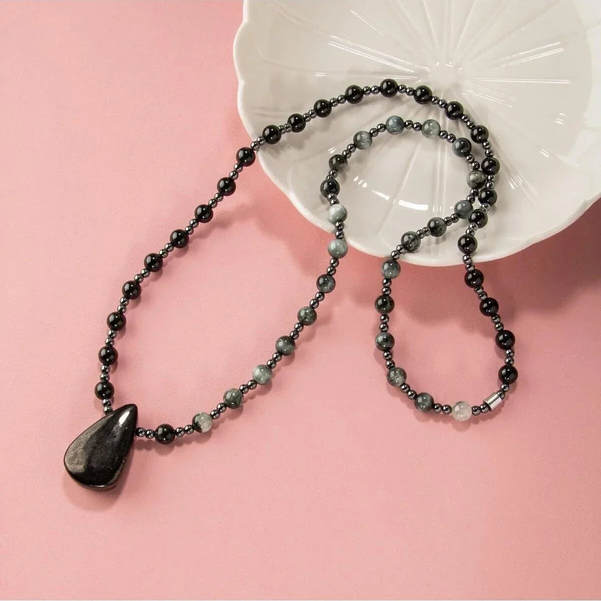 Laboratory Certified Shungite, Cat’s Eye & Hematite Natural Stone Necklace