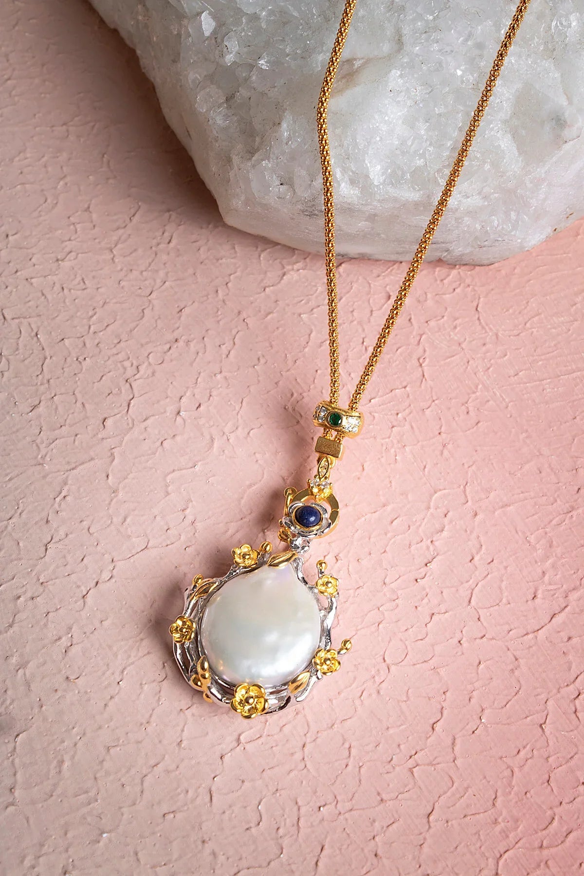 Laboratory Certified Baroque Pearl Natural Stone Necklace – Gold Plated Sterling Silver Special Design