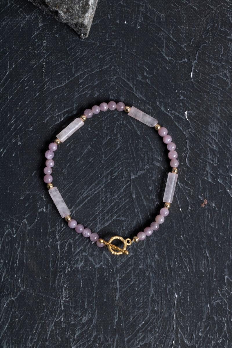Laboratory Certified Ruby & Rose Quartz Natural Stone Bracelet with Gold-Plated Sterling Silver Clasp