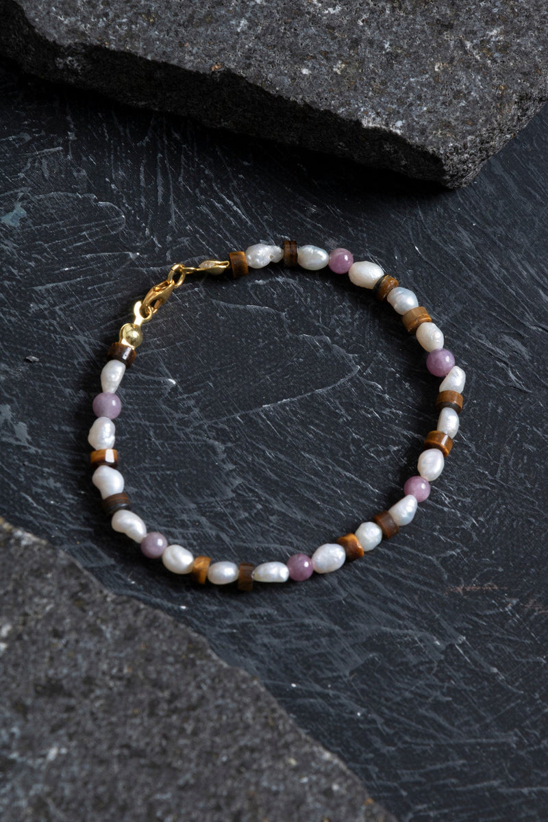 Laboratory Certified Ruby, Pearl & Tiger’s Eye Natural Stone Bracelet with Silver Clasp