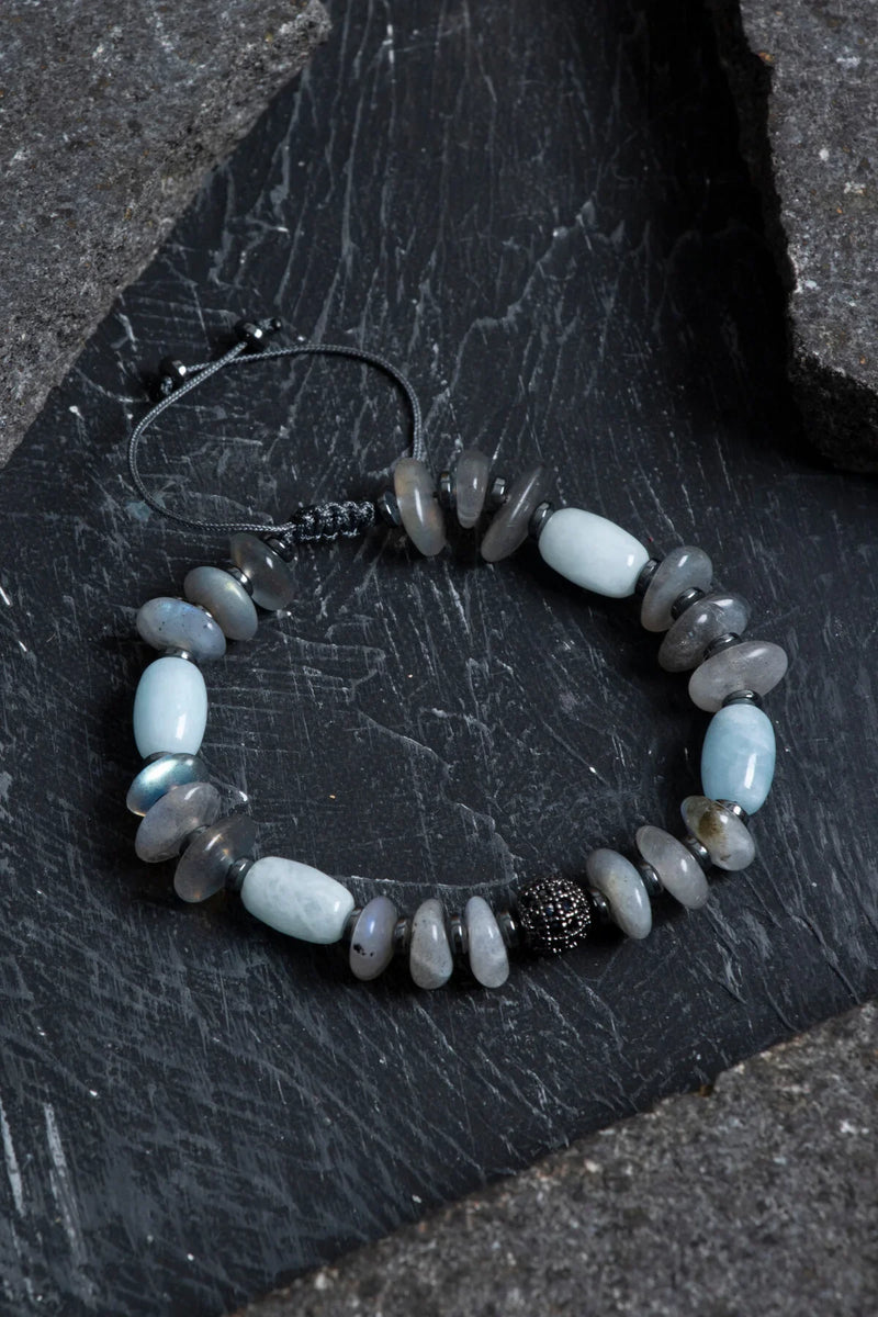 Laboratory Certified Aquamarine & Labradorite Natural Stone Macramé Bracelet