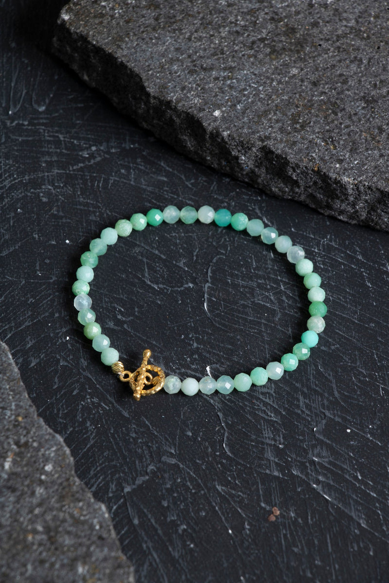 Laboratory Certified Chrysoprase Natural Stone Bracelet with Gold-Plated Sterling Silver Accents