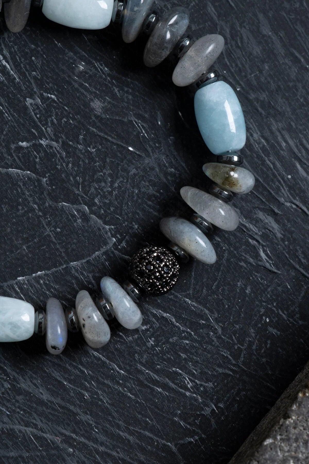 Laboratory Certified Aquamarine & Labradorite Natural Stone Macramé Bracelet