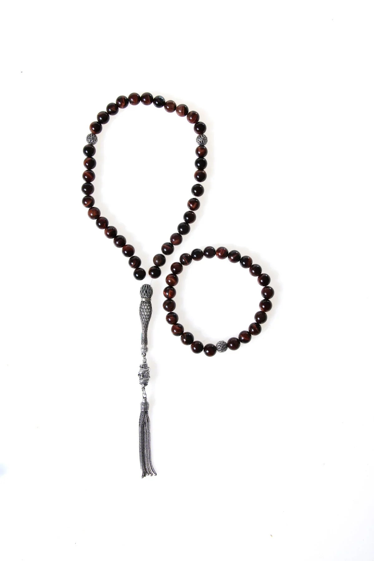 Laboratory Certified Tiger’s Eye Natural Stone 925 Sterling Silver Imam Bead Prayer Beads & Bracelet Set – 8 mm