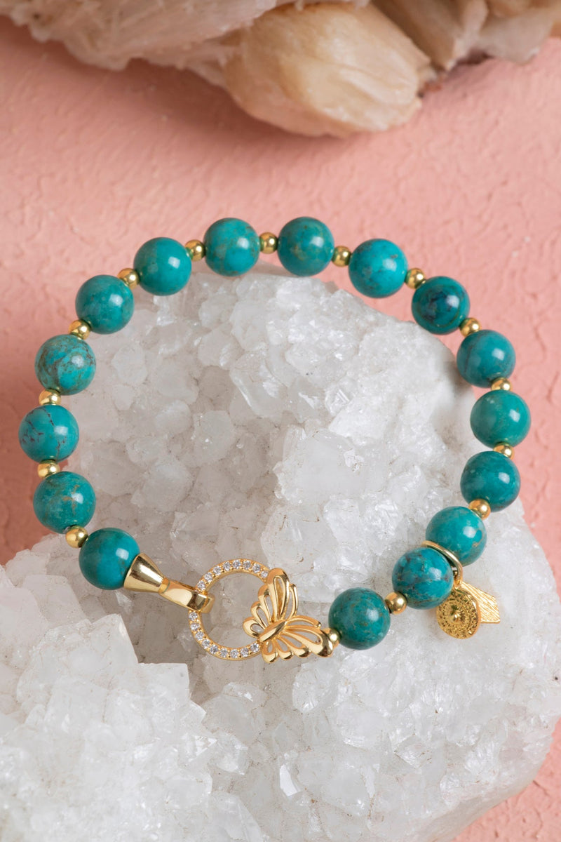 Laboratory Certified Turquoise (Firuze) Natural Stone Bracelet with Butterfly Motif Silver Clasp