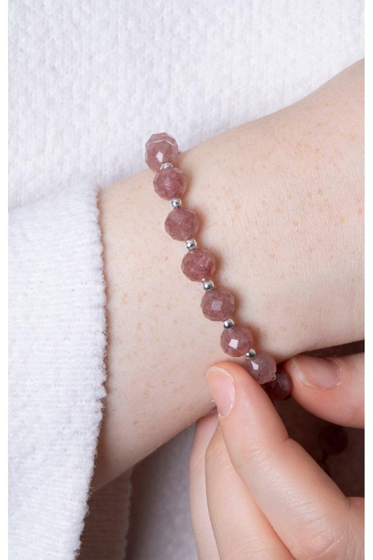 Laboratory Certified Strawberry Quartz Faceted Diamond-Cut Natural Stone Bracelet – Silver Clasp 8 mm