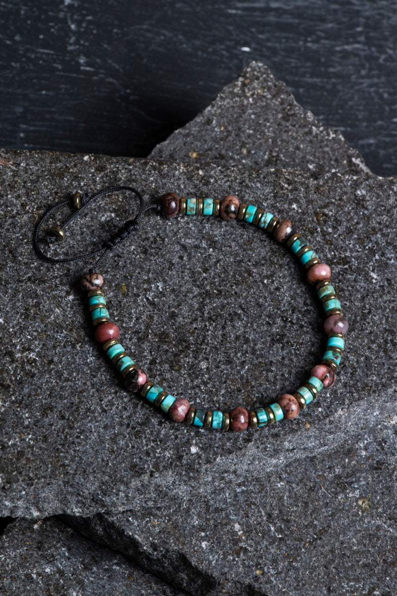 Laboratory Certified Rhodonite & Turquoise Natural Stone Macramé Bracelet
