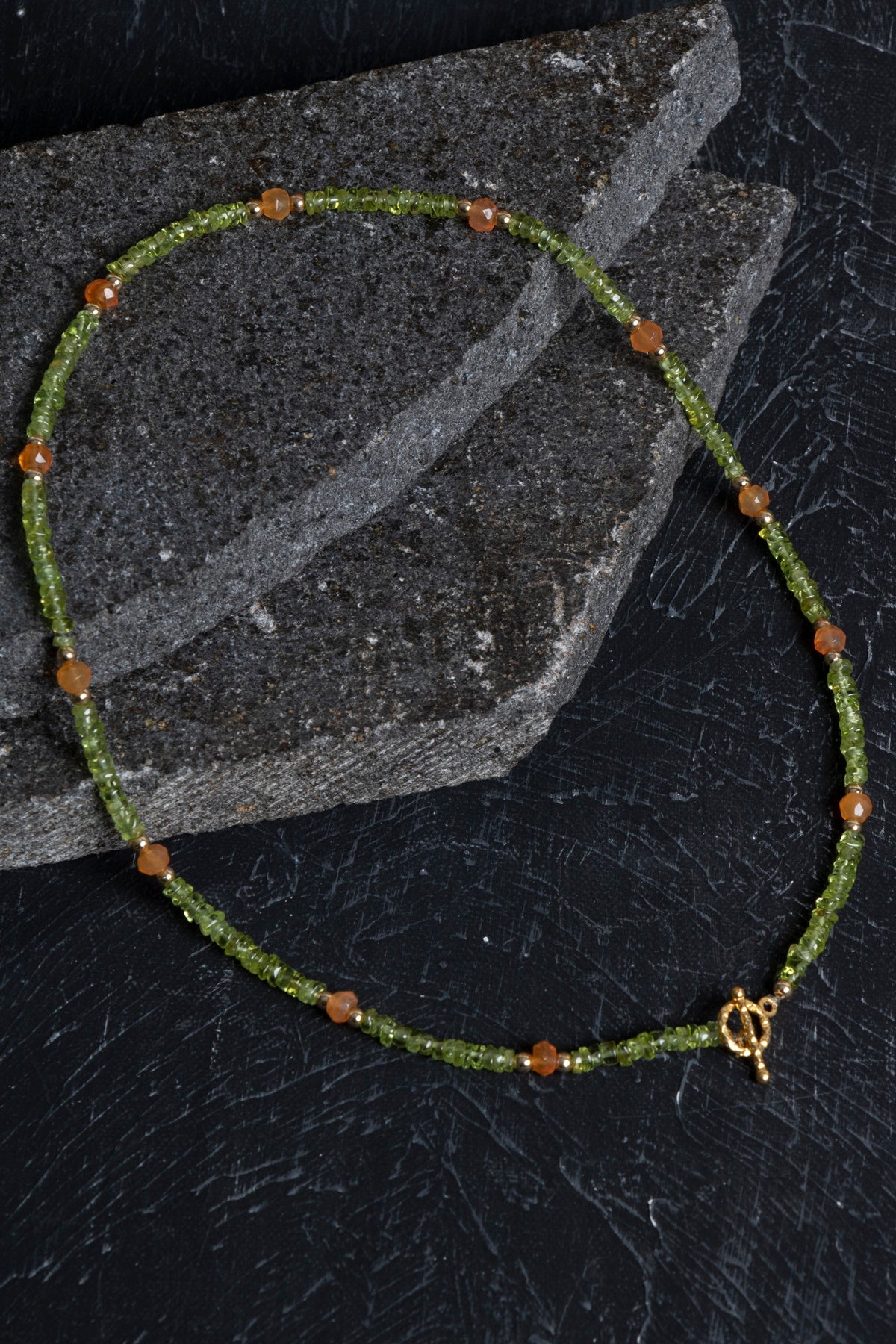 Laboratory Certified Peridot (Zebercet) & Carnelian Agate Natural Stone Necklace with Gold-Plated Sterling Silver Clasp