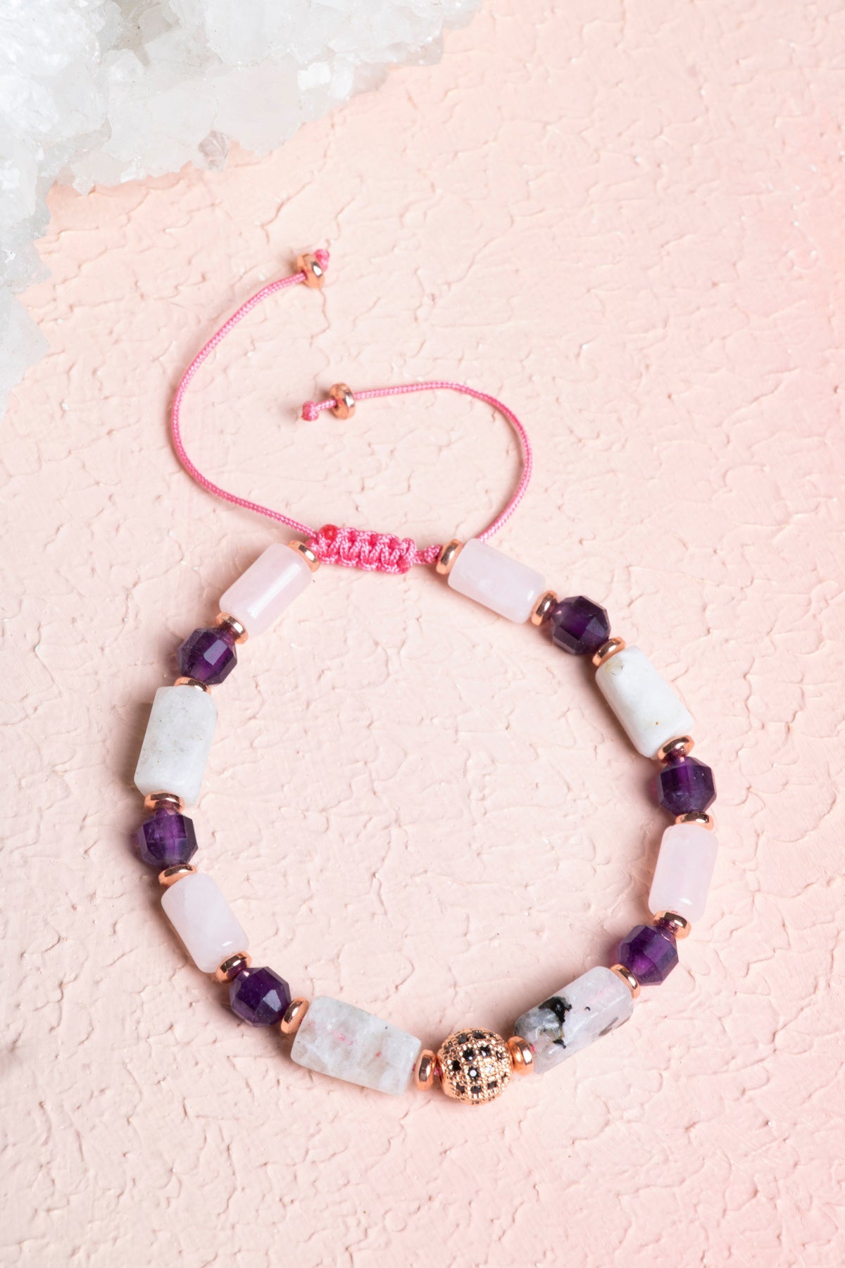 Laboratory Certified Moonstone, Rose Quartz & Amethyst Natural Stone Macramé Bracelet