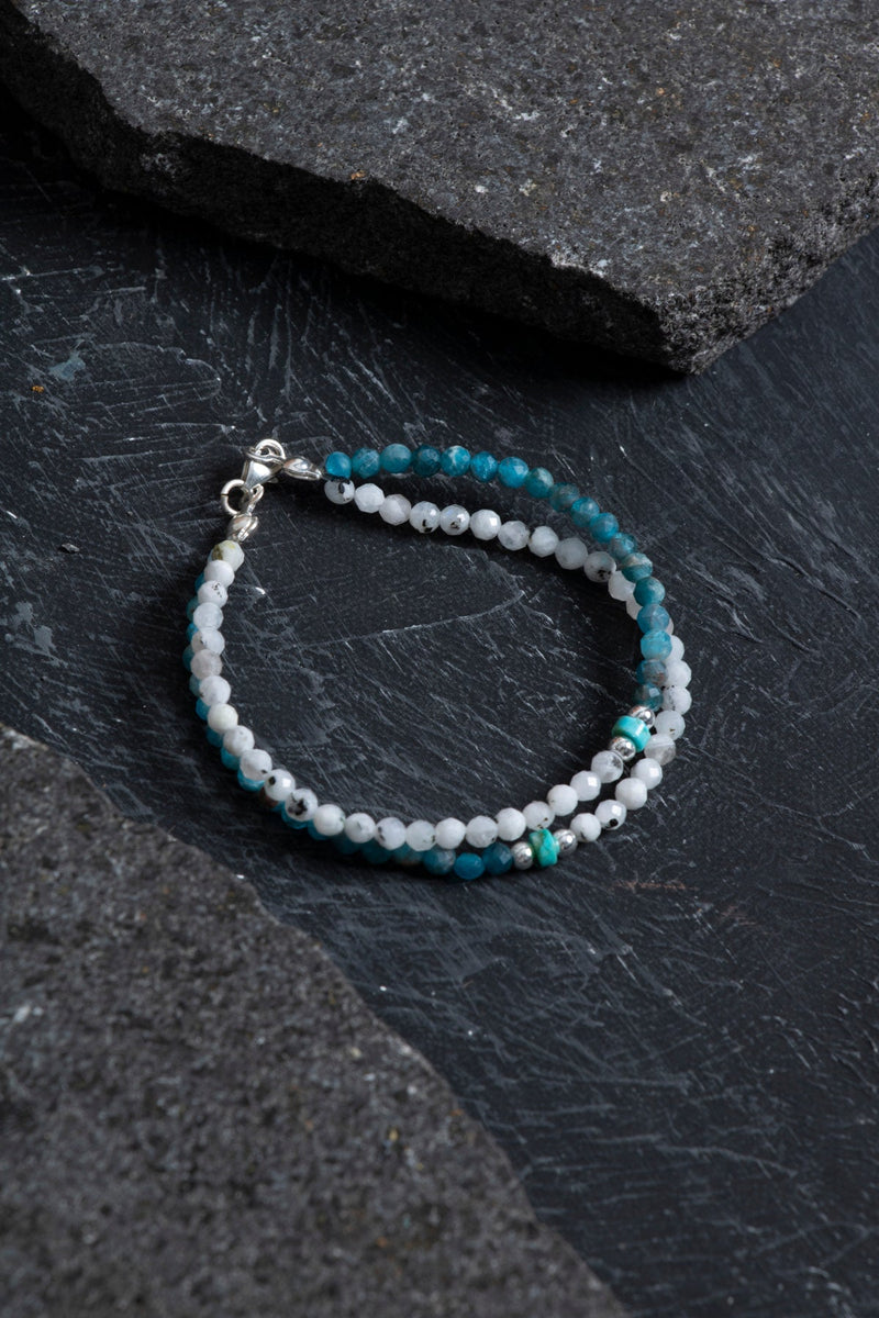 Laboratory Certified Moonstone, Apatite & Turquoise Natural Stone Bracelet with Silver Clasp
