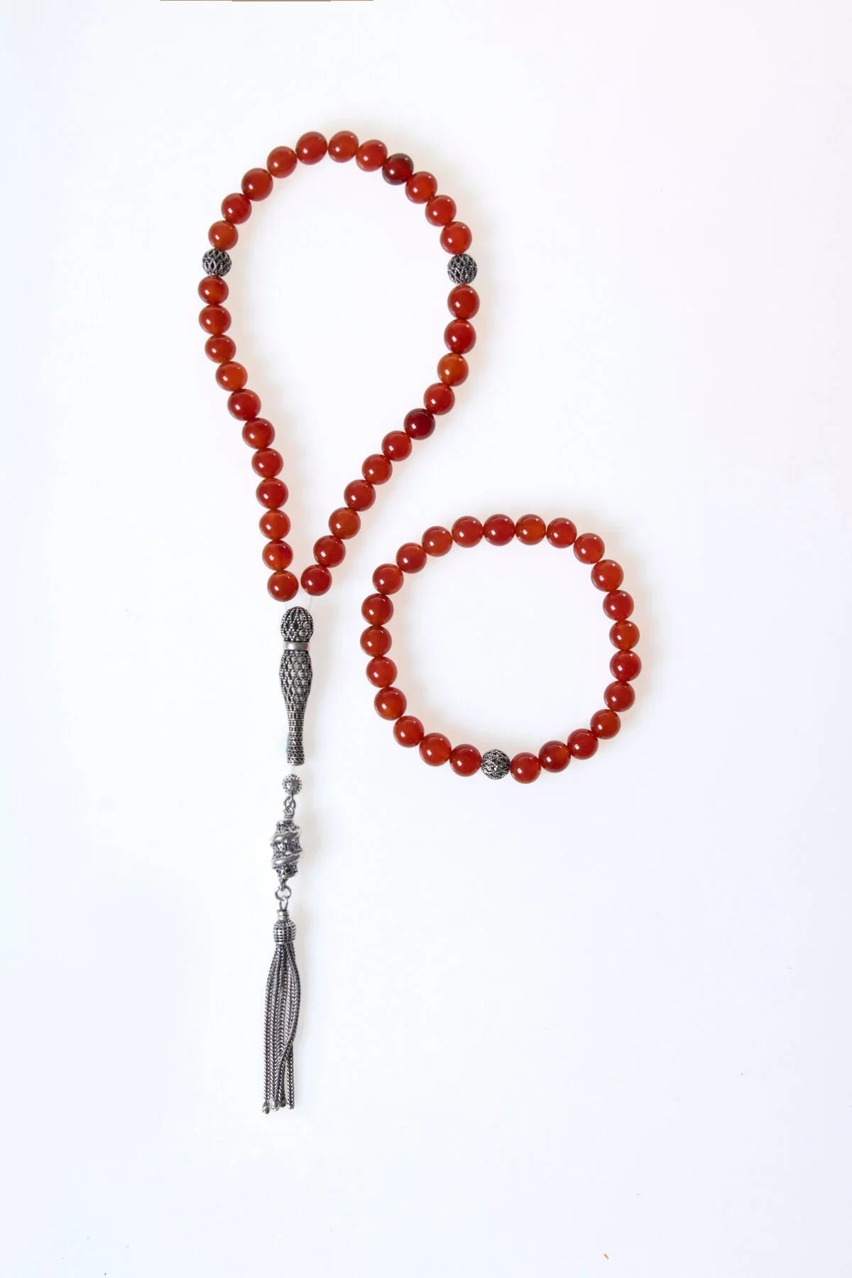 Laboratory Certified Red Agate Natural Stone 925 Sterling Silver Imam Bead Prayer Beads & Bracelet Set – 8 mm