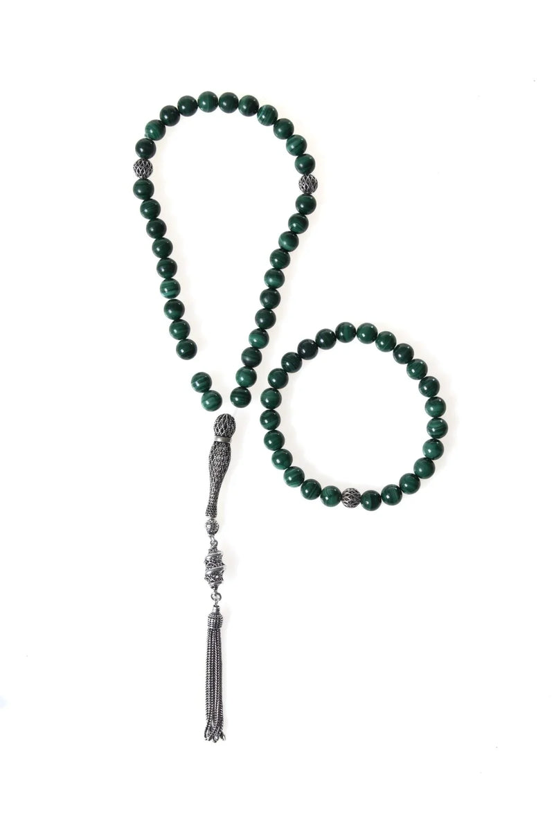 Laboratory Certified Malachite Natural Stone 925 Sterling Silver Imam Bead Prayer Beads & Bracelet Set – 8 mm