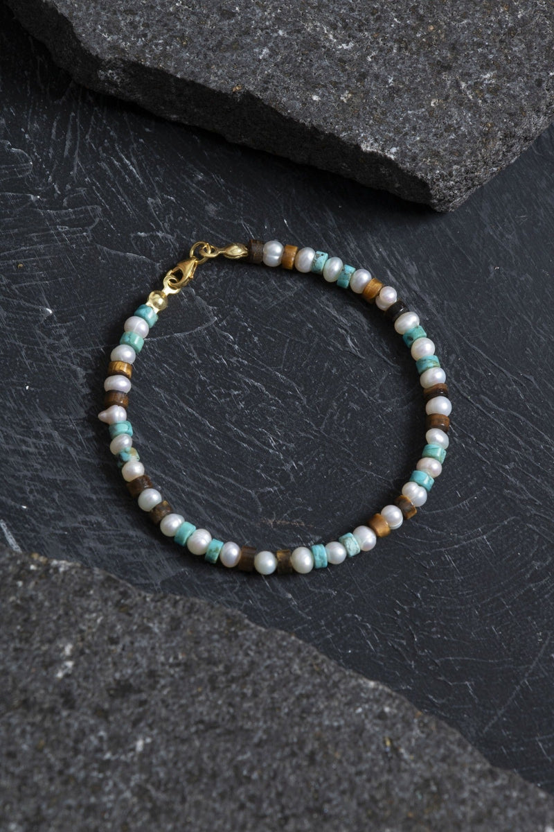 Laboratory Certified Pearl, Tiger’s Eye & Turquoise Natural Stone Bracelet with Silver Clasp