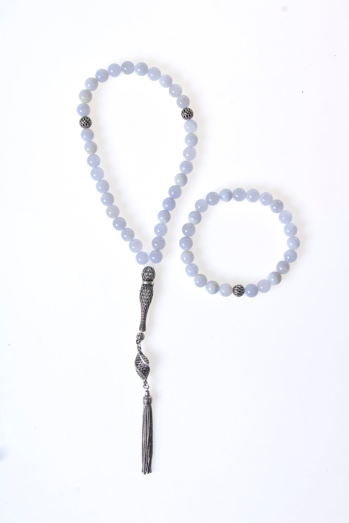 Laboratory Certified Chalcedony Natural Stone 925 Sterling Silver Imam Bead Prayer Beads & Bracelet Set – 8 mm