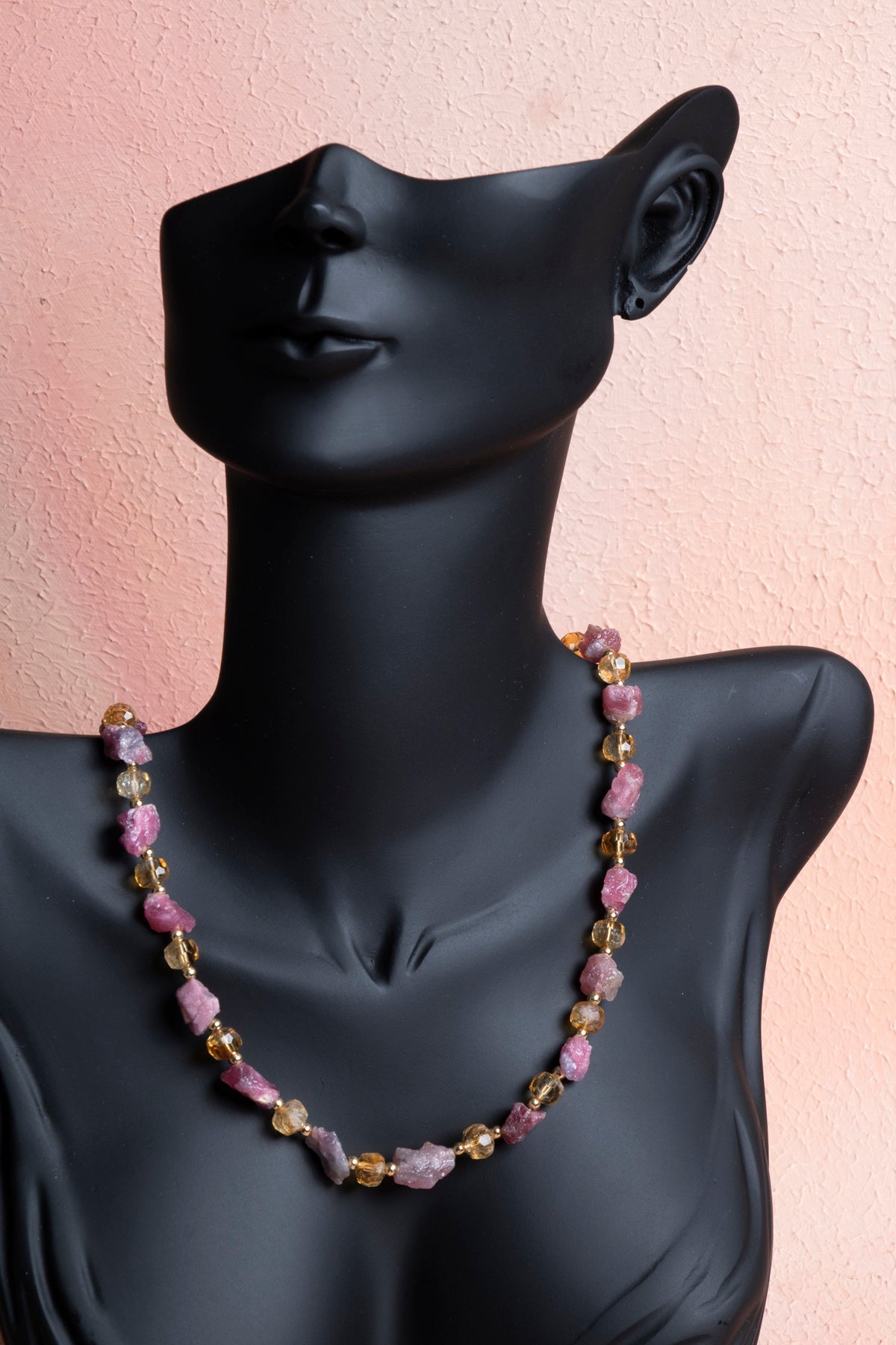 Laboratory Certified Pink Tourmaline & Citrine Natural Stone Macramé Necklace