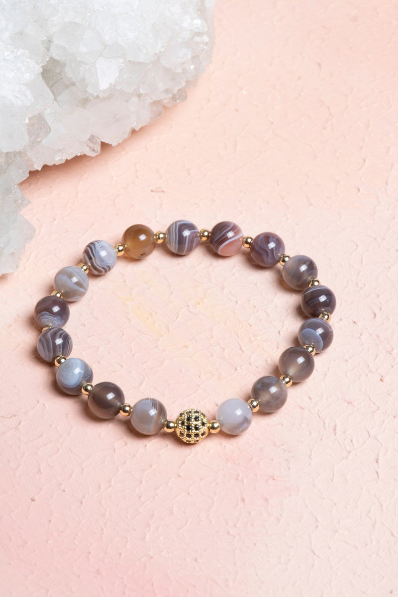 Laboratory Certified Botswana Agate Natural Stone Bracelet with Zircon Accents