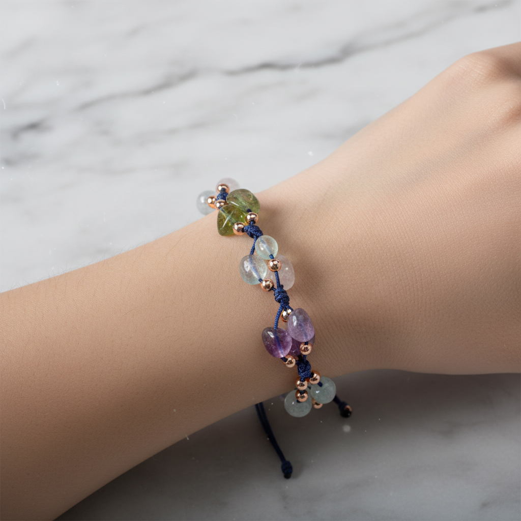 Aquarius Zodiac Natural Stone Macramé Bracelet – Aquamarine, Amethyst, Moonstone, Chalcedony, Labradorite, Purple Fluorite, Jade
