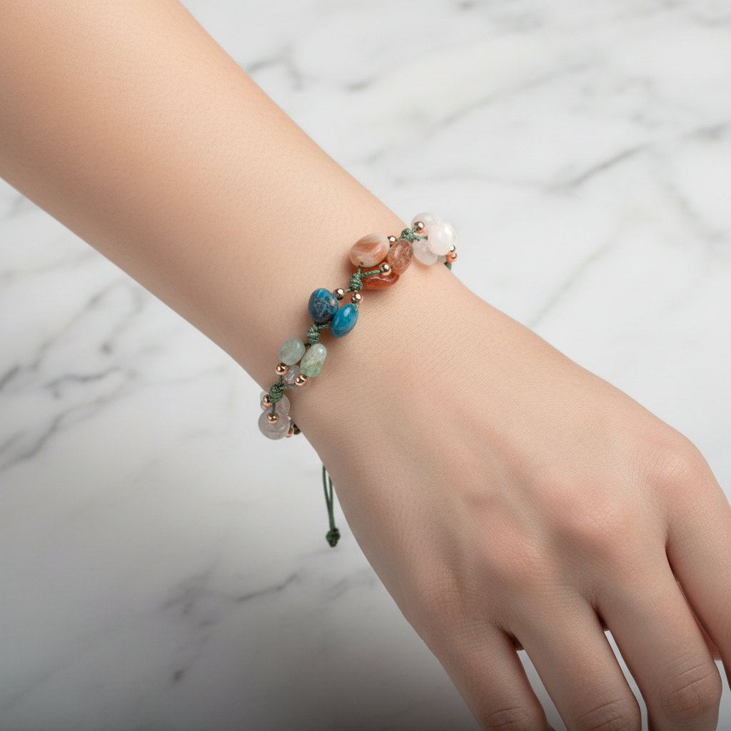 Libra Zodiac Natural Stone Macramé Bracelet – Aquamarine, Moonstone, Sunstone, Chrysoprase, Blue Apatite, Rose Quartz, Green Aventurine